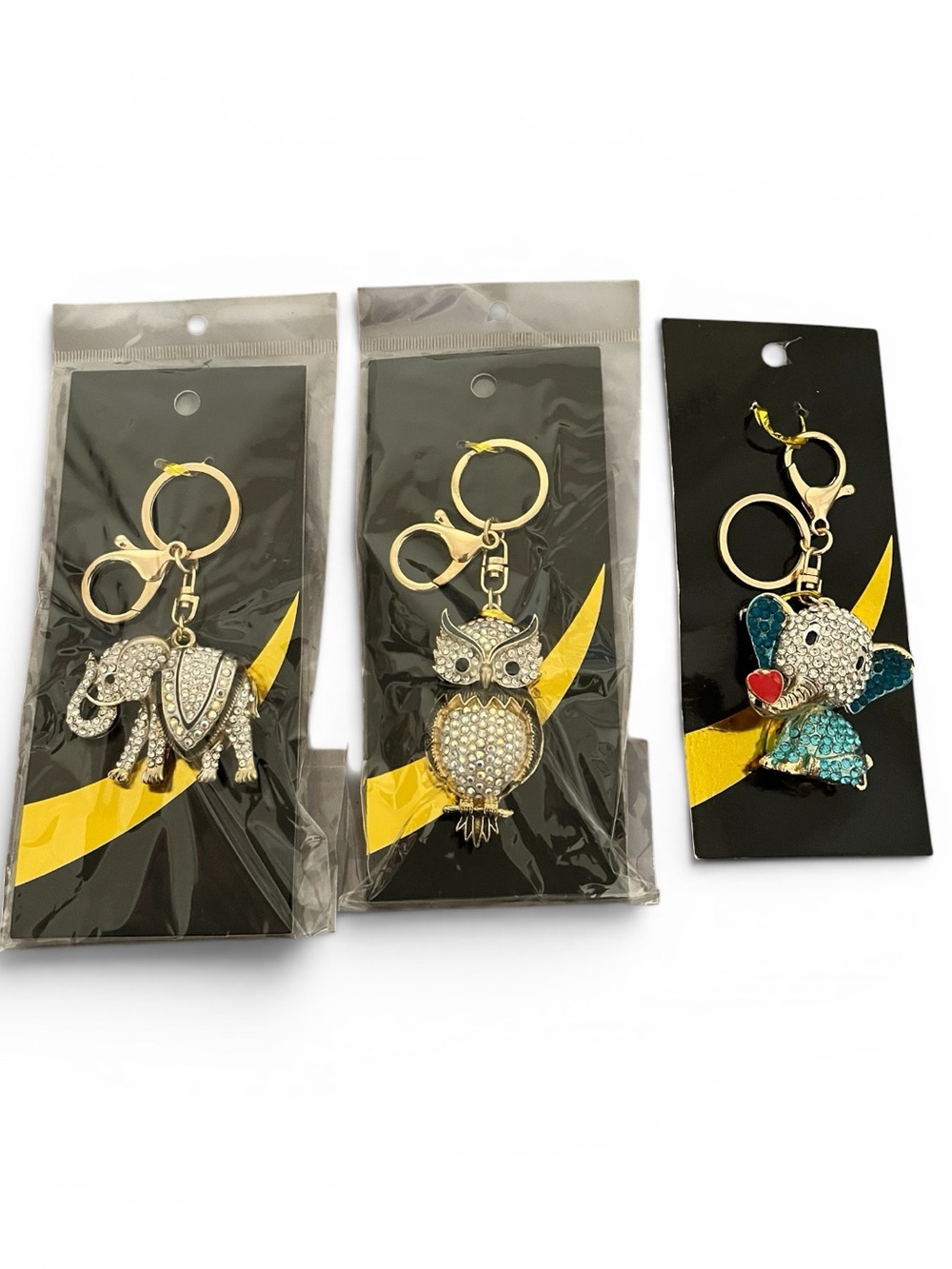Crystal Animal Keychain Trio - Elephant, Owl, Love Elephant- Gold Tone - Picture 2 of 5